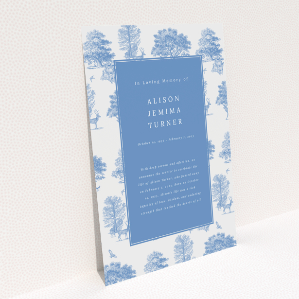 Funeral announcement design with elegant blue tree border and text overlay, Portrait, back page