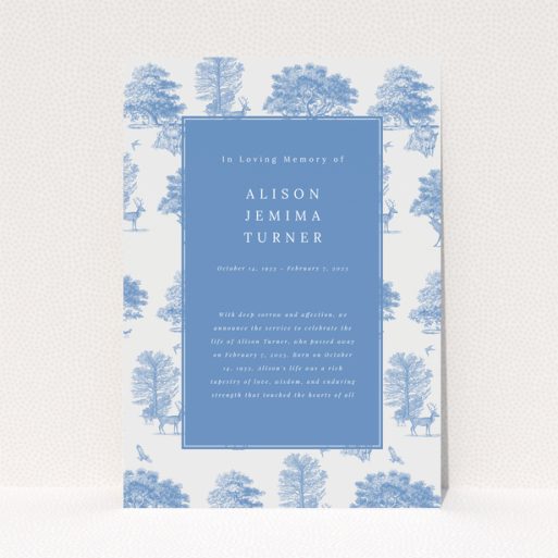 Funeral announcement with blue and white design featuring illustrations of trees and deer.