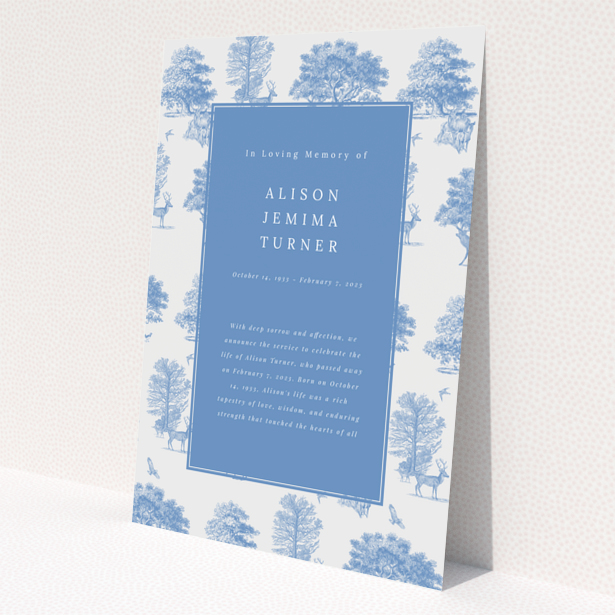 Funeral announcement with blue and white design featuring illustrations of trees and deer.