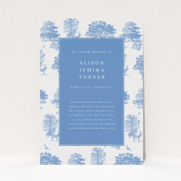 Funeral announcement with blue and white design featuring illustrations of trees and deer.