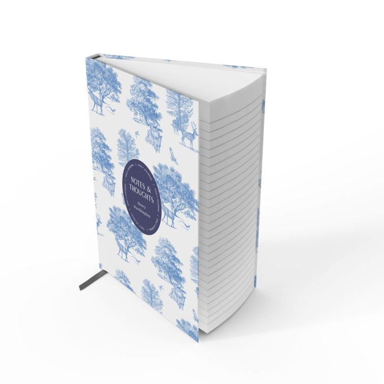 Blue and white nature-themed notebook cover design with illustrations of deer and trees, featuring one central photo placeholder.