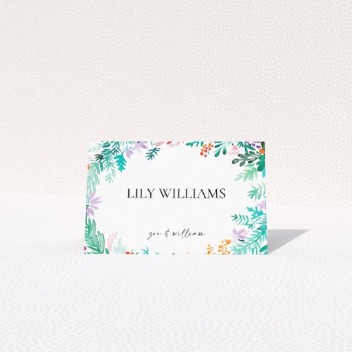 Place cards adorned with watercolour foliage and florals, bursting with vibrant colours and natural motifs, setting a lively tone for your special day from the Wreath Vibrations suite This is a view of the front