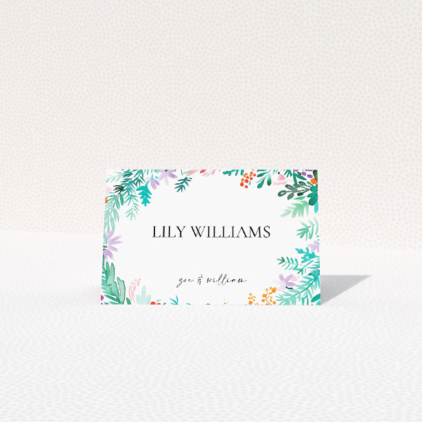 Place cards adorned with watercolour foliage and florals, bursting with vibrant colours and natural motifs, setting a lively tone for your special day from the Wreath Vibrations suite This is a view of the front