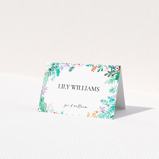 Place cards adorned with watercolour foliage and florals, bursting with vibrant colours and natural motifs, setting a lively tone for your special day from the Wreath Vibrations suite This is a third view of the front