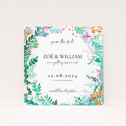 Wreath Vibrations Wedding Invitation - Floral Abundance with Watercolour Wreath and Vibrant Colors. This is a view of the front