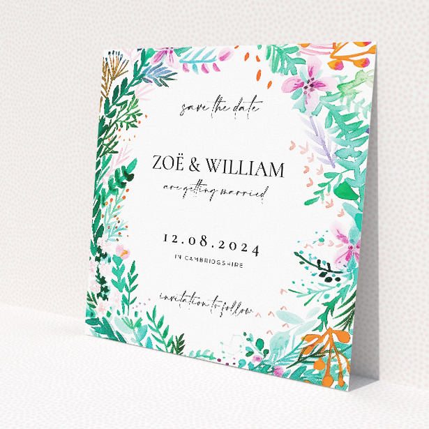 Wreath Vibrations Wedding Invitation - Floral Abundance with Watercolour Wreath and Vibrant Colors. This image shows the front and back sides together