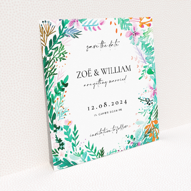 Wreath Vibrations Wedding Invitation - Floral Abundance with Watercolour Wreath and Vibrant Colors. This image shows the front and back sides together