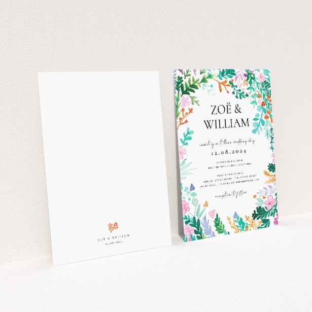 "Wreath Vibrations wedding invitation featuring vibrant watercolour foliage and florals in a lively wreath design, ideal for joyous and colourful celebrations of love.". This image shows the front and back sides together
