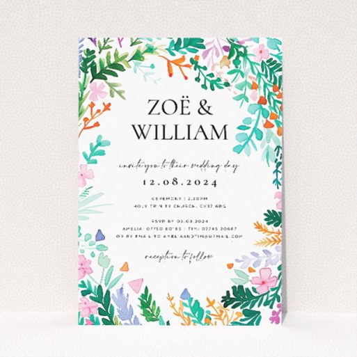 "Wreath Vibrations wedding invitation featuring vibrant watercolour foliage and florals in a lively wreath design, ideal for joyous and colourful celebrations of love.". This is a view of the front