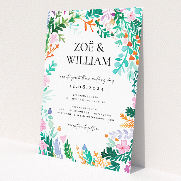 'Wreath Vibrations wedding invitation featuring vibrant watercolour foliage and florals in a lively wreath design, ideal for joyous and colourful celebrations of love.'. This is a view of the front
