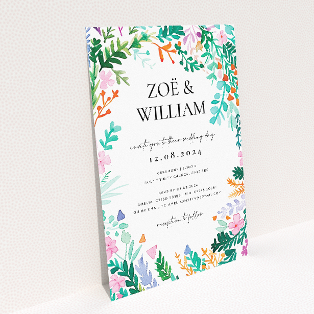 "Wreath Vibrations wedding invitation featuring vibrant watercolour foliage and florals in a lively wreath design, ideal for joyous and colourful celebrations of love.". This image shows the front and back sides together