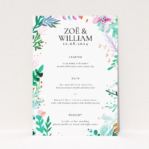 Wreath Vibrations wedding menu template - A vibrant watercolour wreath bursts with colourful exuberance, embracing the invitation text with joyous energy, perfect for couples announcing their wedding with lively vibrancy, setting the tone for a celebration filled with love and happiness. This is a view of the front
