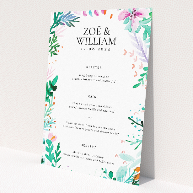 Wreath Vibrations wedding menu template - A vibrant watercolour wreath bursts with colourful exuberance, embracing the invitation text with joyous energy, perfect for couples announcing their wedding with lively vibrancy, setting the tone for a celebration filled with love and happiness. This is a view of the front