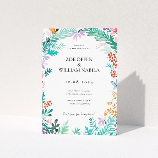 Wreath Vibrations Wedding Order of Service booklet with vibrant hand-drawn wreath of flowers, leaves, and berries in shades of lavender, soft pink, green, and orange This is a view of the front