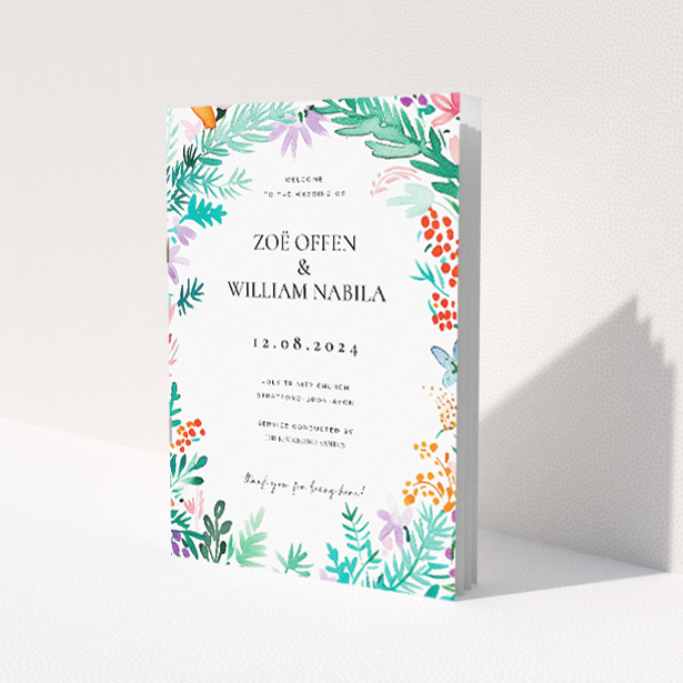 Wreath Vibrations Wedding Order of Service booklet with vibrant hand-drawn wreath of flowers, leaves, and berries in shades of lavender, soft pink, green, and orange This is a view of the front