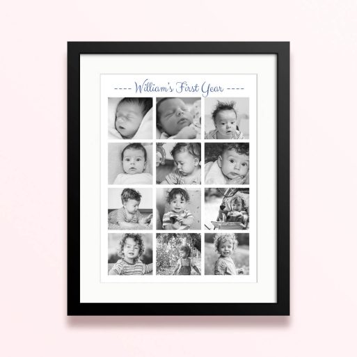 Framed and mounted photo print featuring twelve baby photos to showcase 'William's First Year.'