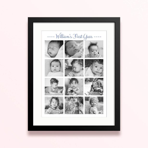 Framed and mounted photo print featuring twelve baby photos to showcase 'William's First Year.'