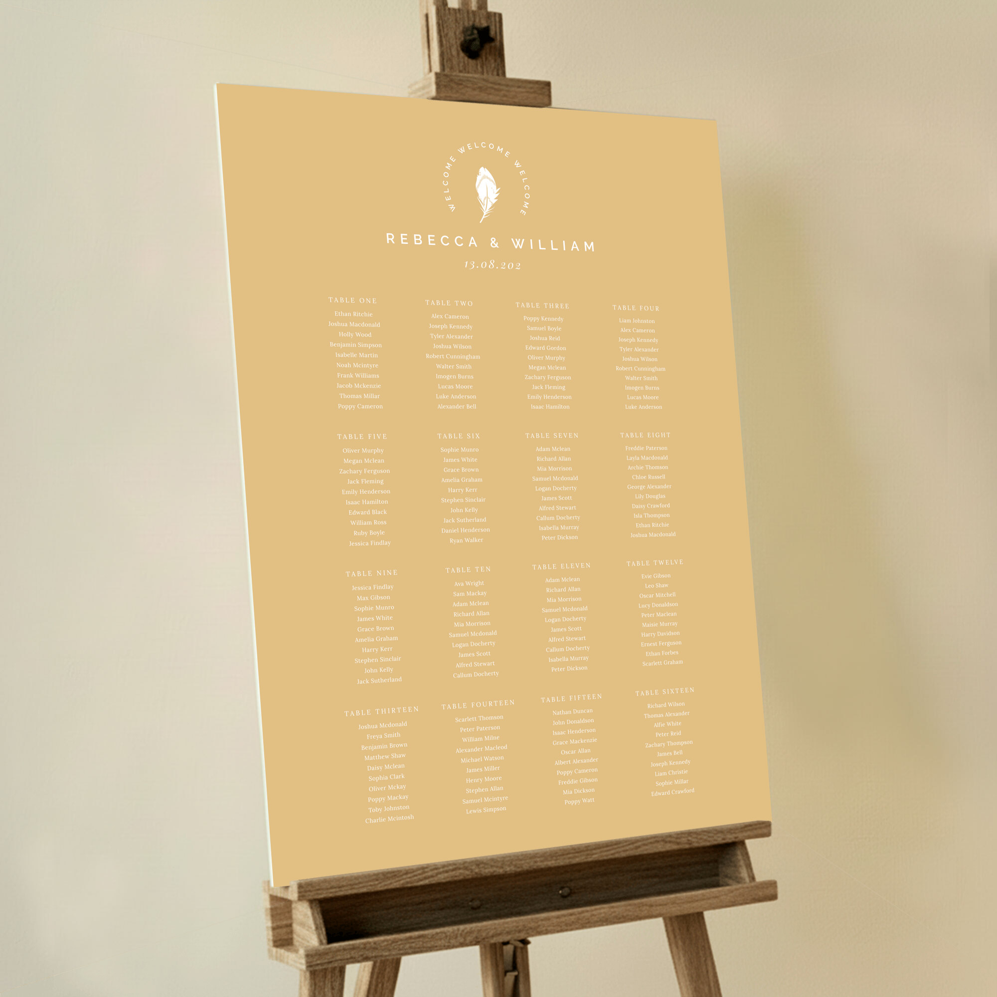 Yellow Feather Seating Plan Design featuring a dark yellow background with a simple white feather motif at the top middle of the board, creating a natural and whimsical feel, perfect for a rustic or outdoor wedding.. This design is formatted for 16 tables.