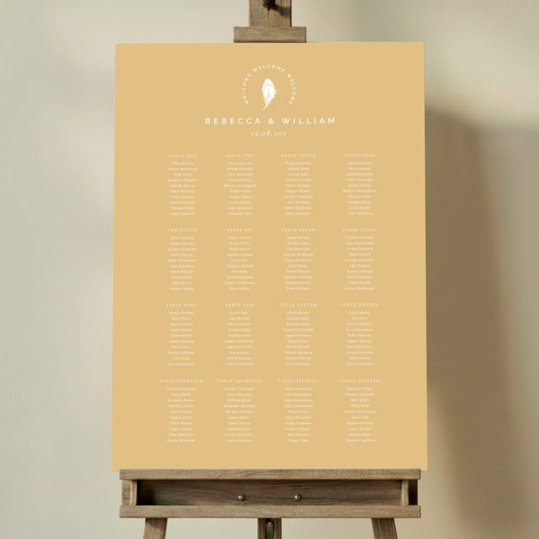 Yellow Feather Seating Plan Design featuring a dark yellow background with a simple white feather motif at the top middle of the board, creating a natural and whimsical feel, perfect for a rustic or outdoor wedding.. This design is formatted for 16 tables.
