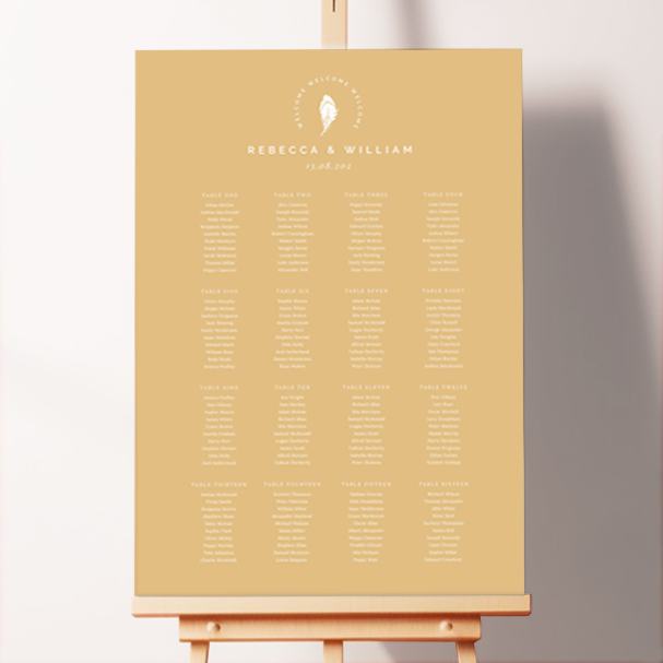 Yellow Feather Seating Plan Design featuring a dark yellow background with a simple white feather motif at the top middle of the board, creating a natural and whimsical feel, perfect for a rustic or outdoor wedding.. This design is formatted for 16 tables.