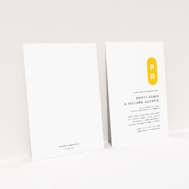 "Yellow Monogram wedding invitation featuring bold monogrammed badge with couple's initials on a clean white background, ideal for contemporary and personalised weddings.". This image shows the front and back sides together