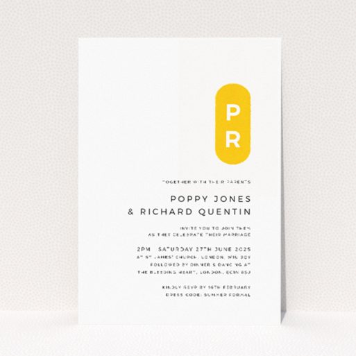 "Yellow Monogram wedding invitation featuring bold monogrammed badge with couple's initials on a clean white background, ideal for contemporary and personalised weddings.". This is a view of the front