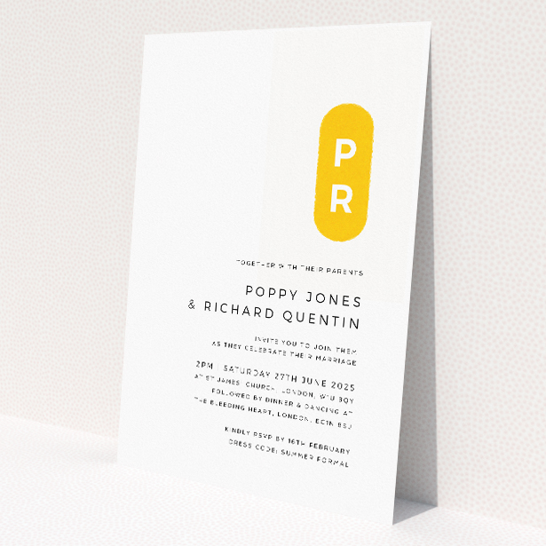 'Yellow Monogram wedding invitation featuring bold monogrammed badge with couple's initials on a clean white background, ideal for contemporary and personalised weddings.'. This is a view of the front
