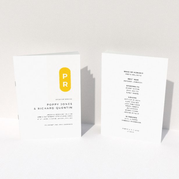 Yellow Monogram Wedding Order of Service booklet with vibrant yellow, pill-shaped monogram displaying couple's initials on a clean white background This image shows the front and back sides together