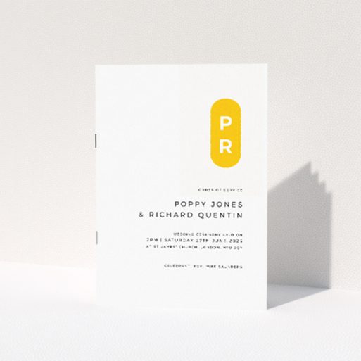 Yellow Monogram Wedding Order of Service booklet with vibrant yellow, pill-shaped monogram displaying couple's initials on a clean white background This is a view of the front
