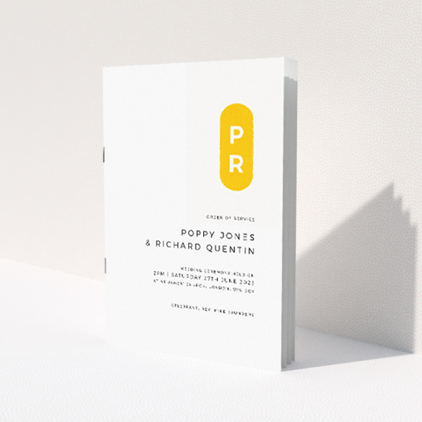 Yellow Monogram Wedding Order of Service booklet with vibrant yellow, pill-shaped monogram displaying couple's initials on a clean white background This is a view of the front