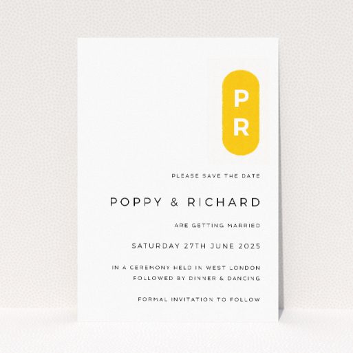 Yellow Monogram wedding save the date card A6 featuring modern minimalism with elegant black typography on a crisp white background, perfect for the modern couple seeking simplicity with a twist for their special day This is a view of the front