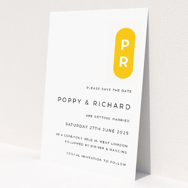 Yellow Monogram wedding save the date card A6 featuring modern minimalism with elegant black typography on a crisp white background, perfect for the modern couple seeking simplicity with a twist for their special day This is a view of the back